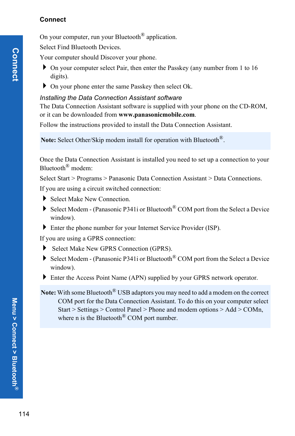 Installing the data connection assistant software, Conn ect | Panasonic P341i User Manual | Page 113 / 144