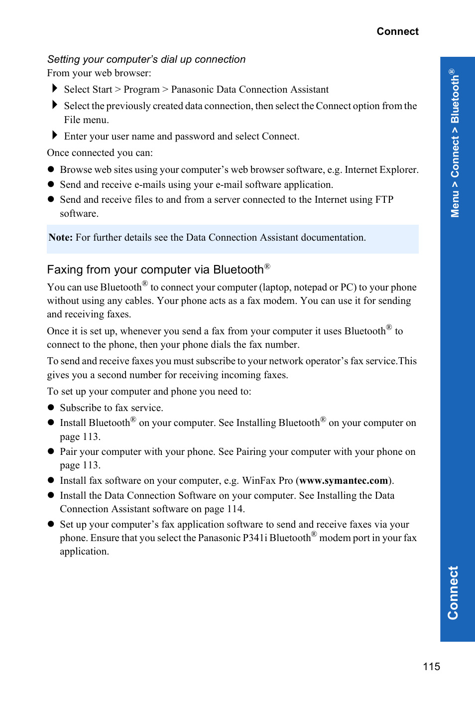 Setting your computer’s dial up connection, Faxing from your computer via bluetooth, Con n e ct | Panasonic P341i User Manual | Page 114 / 144