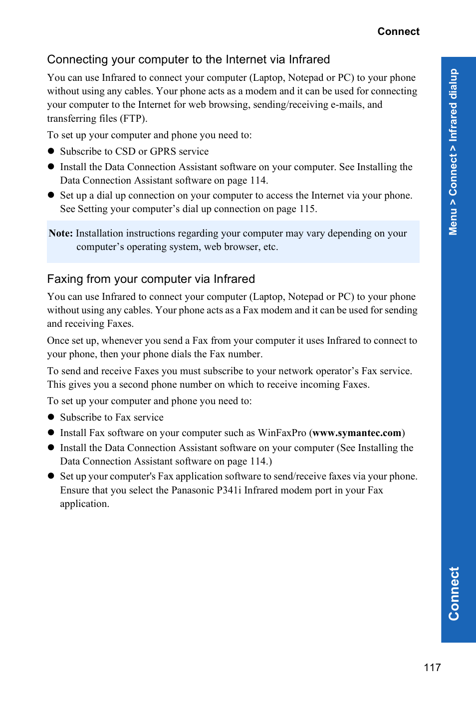 Faxing from your computer via infrared, Con n e ct | Panasonic P341i User Manual | Page 116 / 144