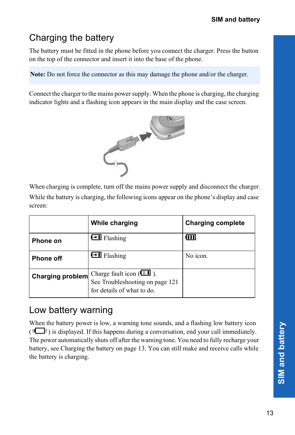 Charging the battery, Low battery warning, Sim a nd ba ttery | Panasonic P341i User Manual | Page 12 / 144