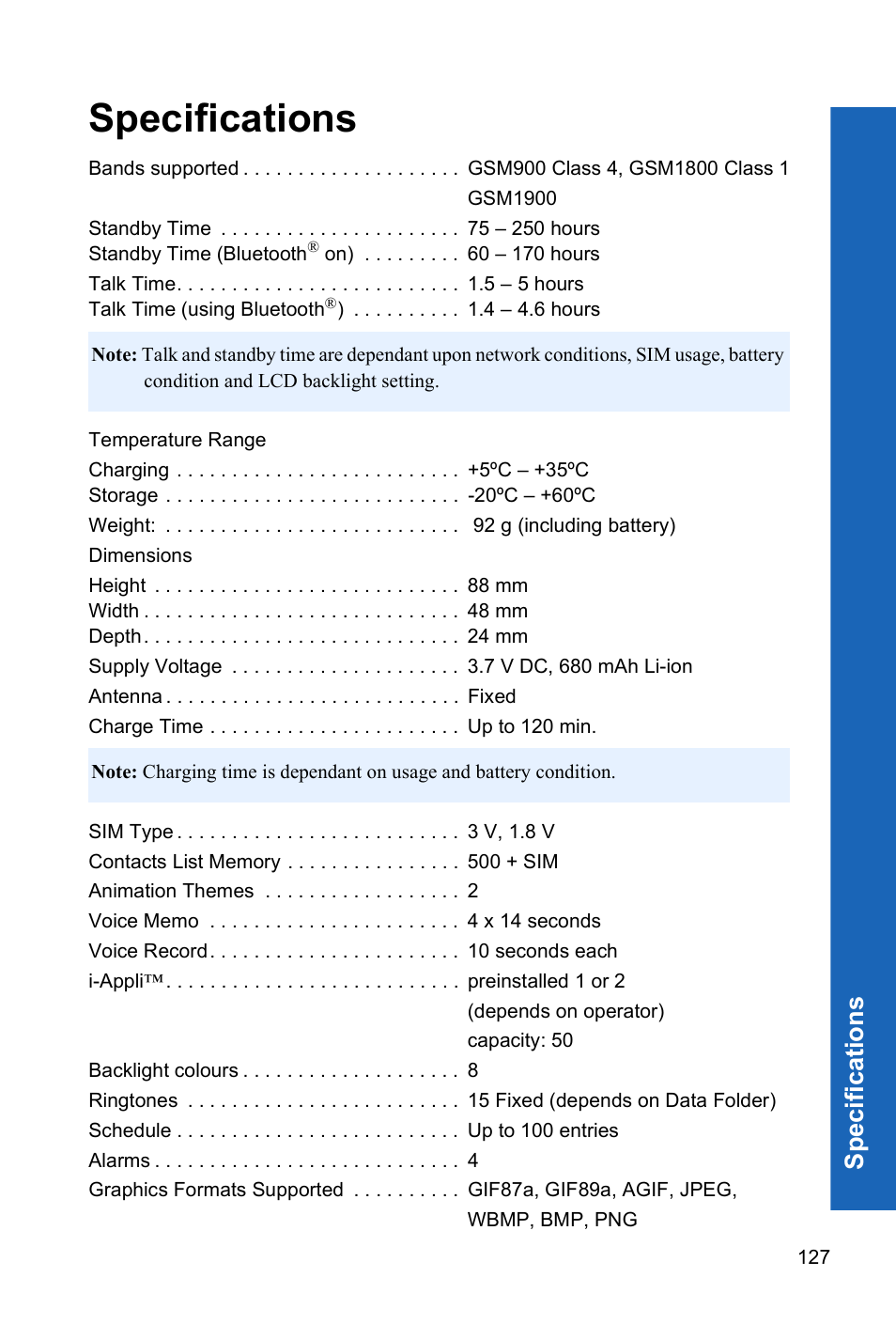 Specifications, Spe c ifi cati ons | Panasonic P341i User Manual | Page 126 / 144