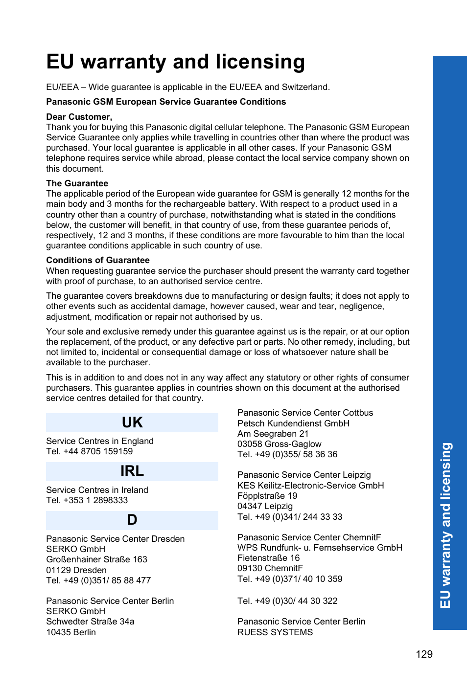 Eu warranty and licensing, Uk irl d, Eu w a rr anty a nd l icen sing | Panasonic P341i User Manual | Page 128 / 144