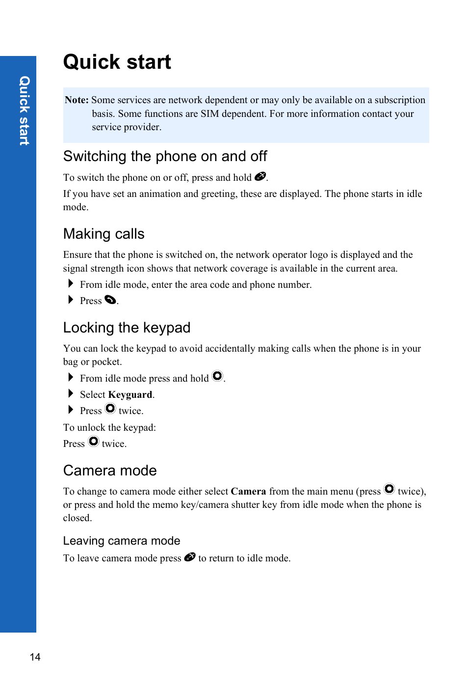 Quick start, Switching the phone on and off, Making calls | Locking the keypad, Camera mode, Leaving camera mode | Panasonic P341i User Manual | Page 13 / 144