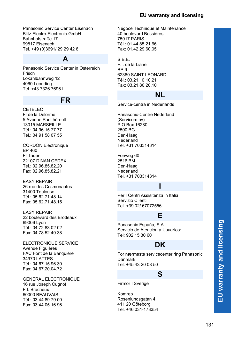 Afr nl i e dk s, Eu w a rr anty a nd l icen sing | Panasonic P341i User Manual | Page 130 / 144