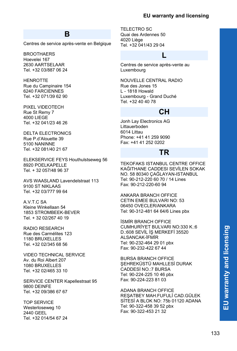 Bl ch tr, Eu w a rr anty a nd l icen sing | Panasonic P341i User Manual | Page 132 / 144