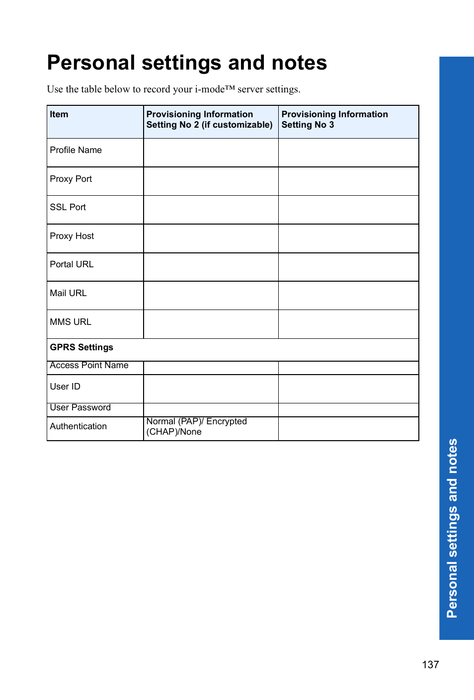 Personal settings and notes, Pe rs ona l se ttings an d no tes | Panasonic P341i User Manual | Page 136 / 144