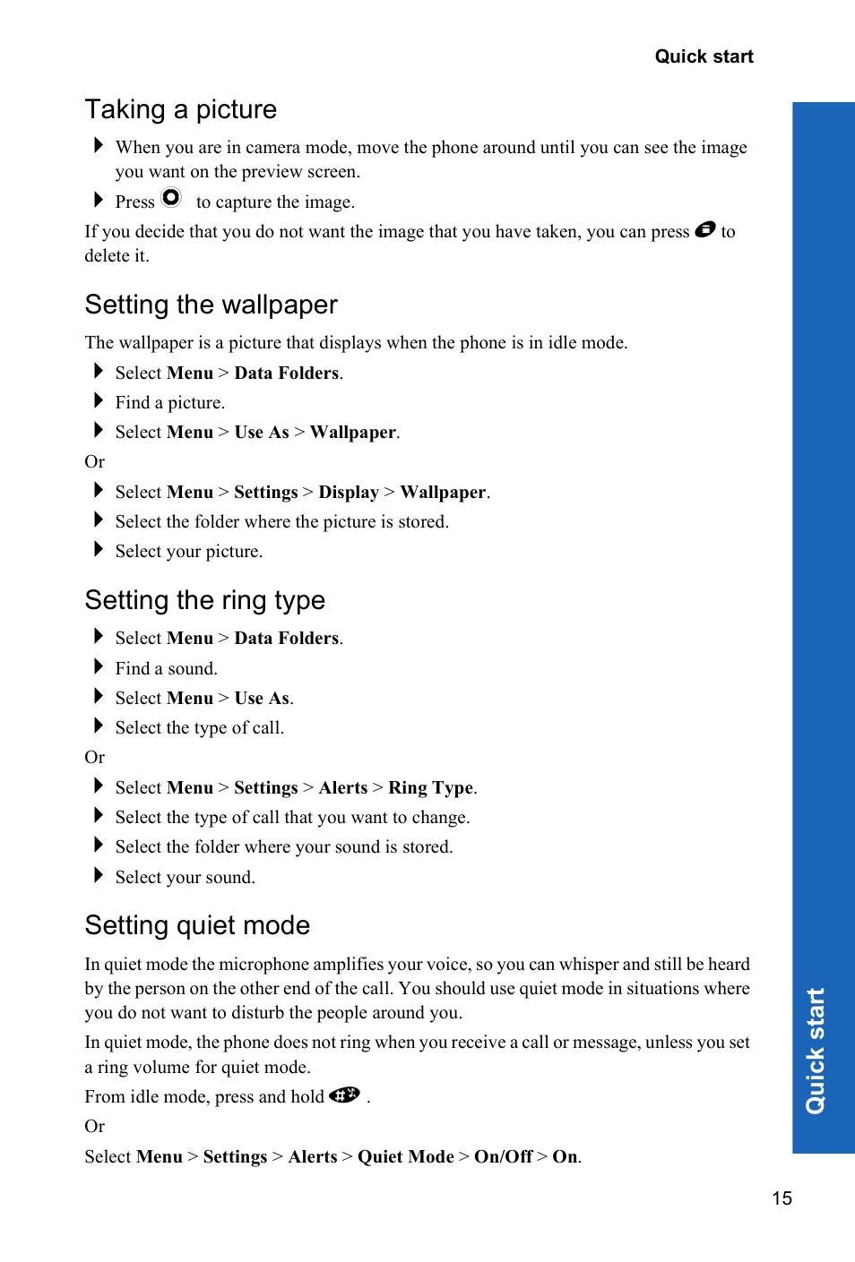 Taking a picture, Setting the wallpaper, Setting the ring type | Setting quiet mode | Panasonic P341i User Manual | Page 14 / 144