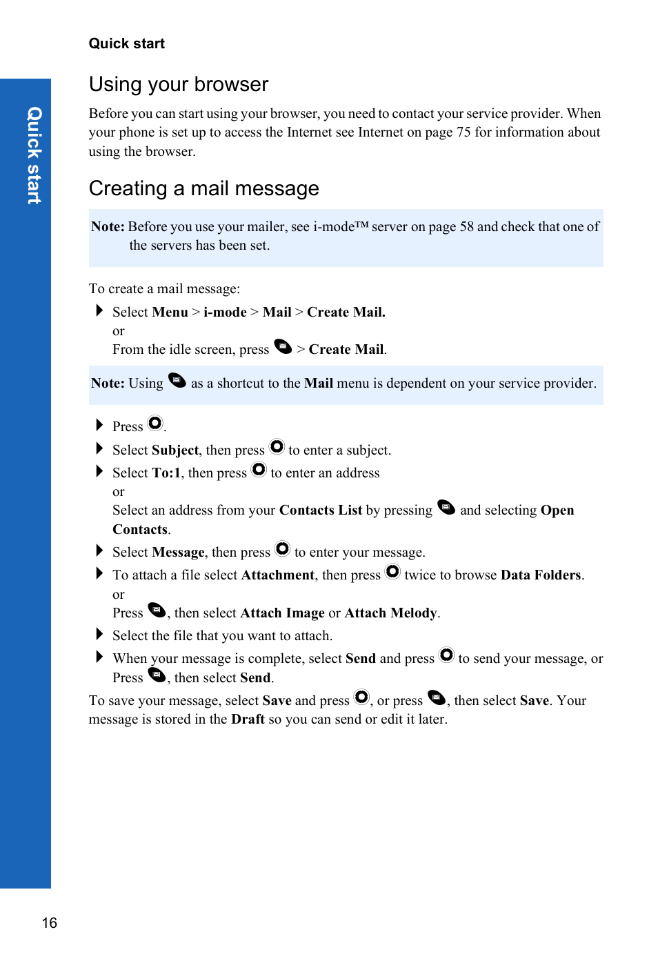 Using your browser, Creating a mail message | Panasonic P341i User Manual | Page 15 / 144