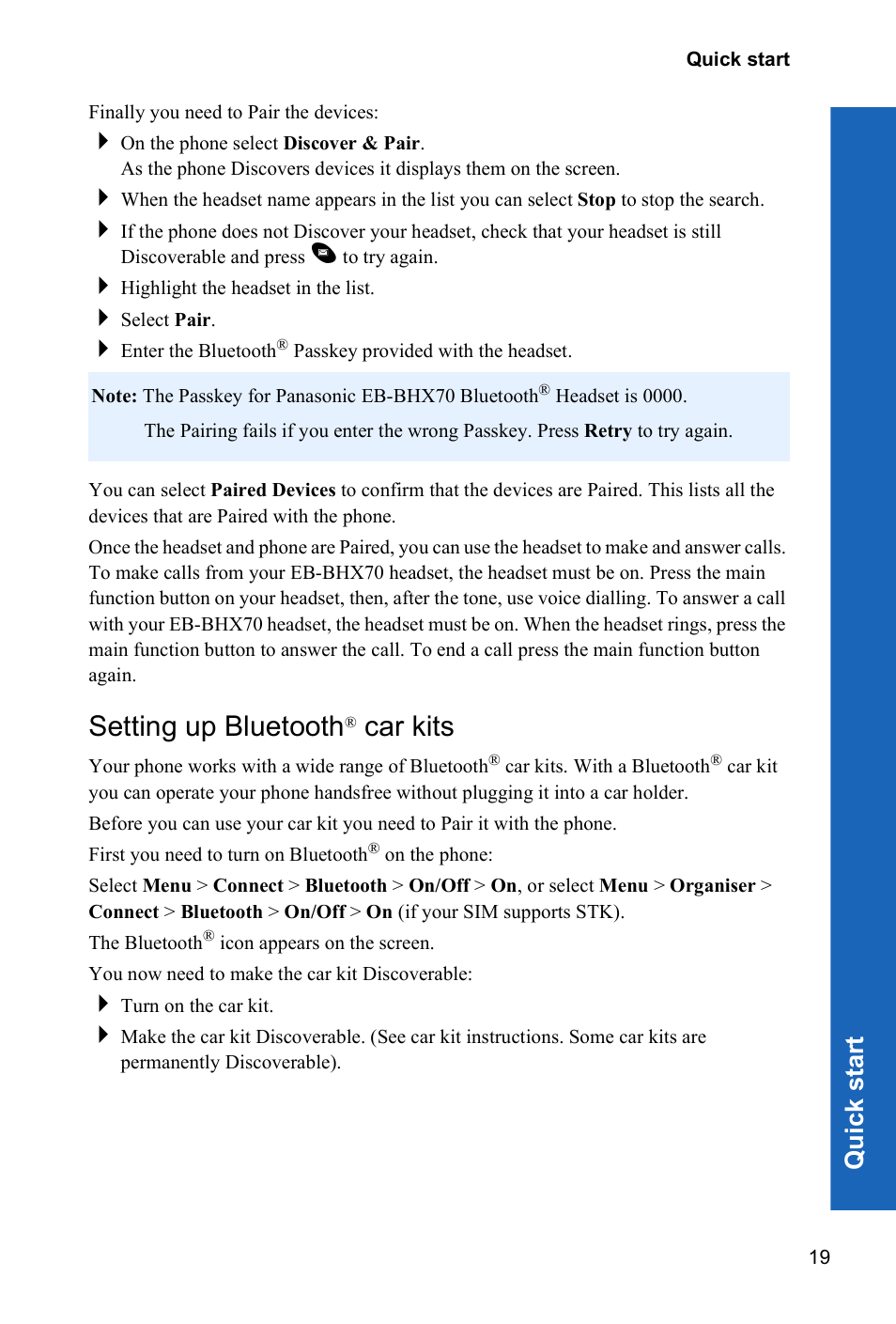 Setting up bluetooth® car kits, Setting up bluetooth, Car kits | Qu ic k s tar t | Panasonic P341i User Manual | Page 18 / 144