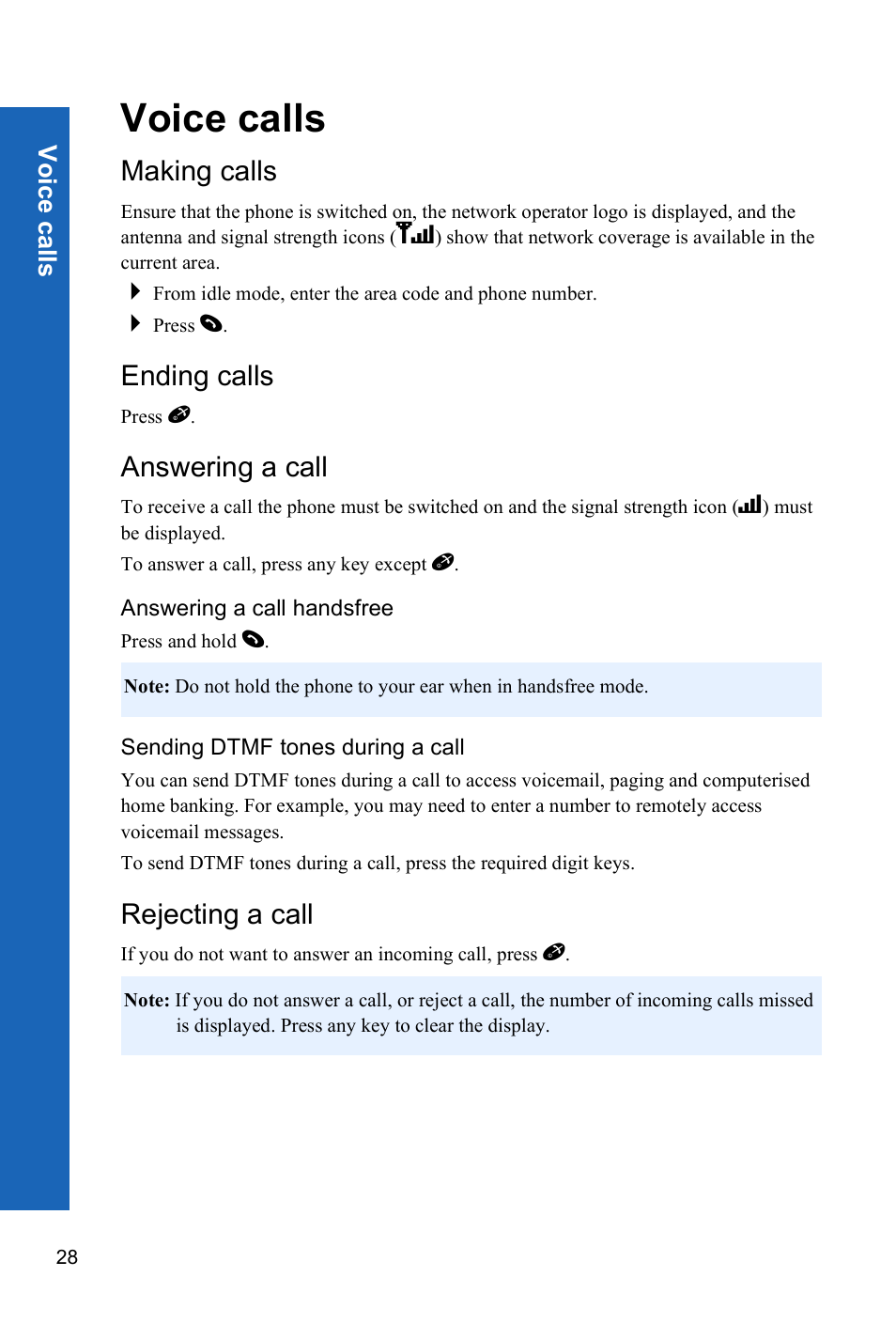 Voice calls, Making calls, Ending calls | Answering a call, Answering a call handsfree, Sending dtmf tones during a call, Rejecting a call | Panasonic P341i User Manual | Page 27 / 144