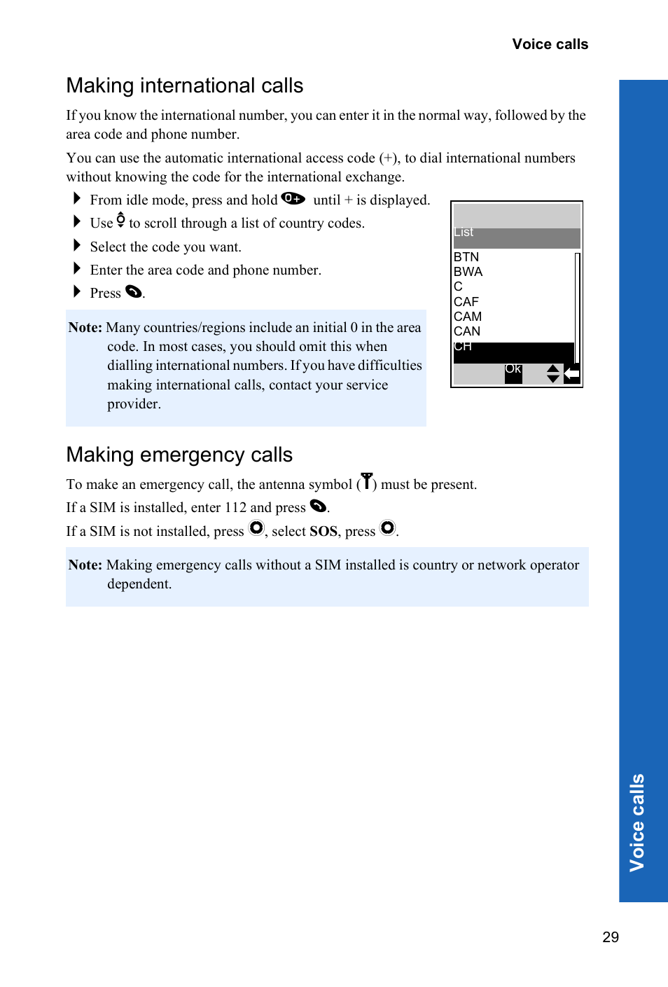 Making international calls, Making emergency calls, Voi ce call s | Panasonic P341i User Manual | Page 28 / 144