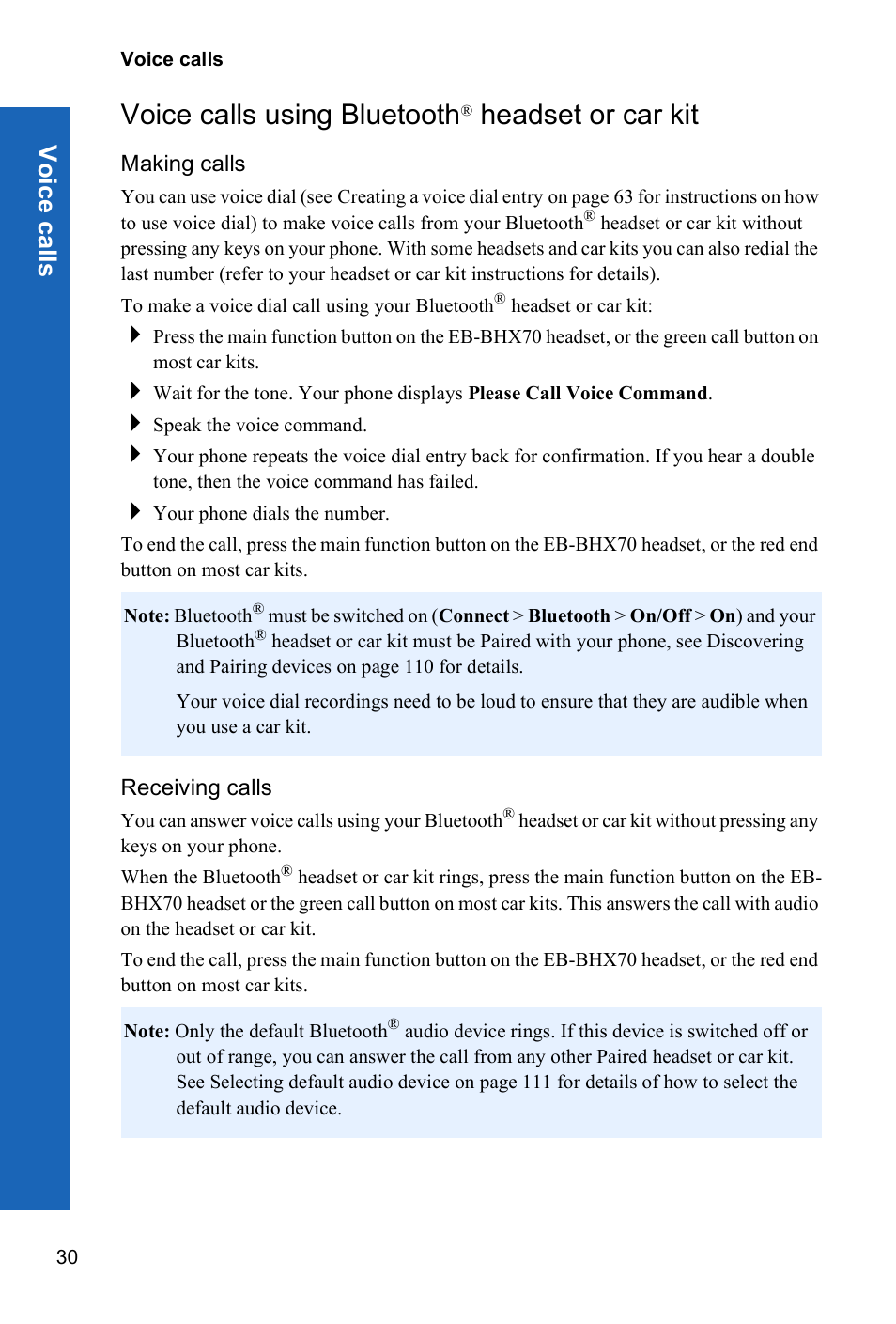 Voice calls using bluetooth® headset or car kit, Making calls, Receiving calls | Voice calls using bluetooth, Headset or car kit | Panasonic P341i User Manual | Page 29 / 144