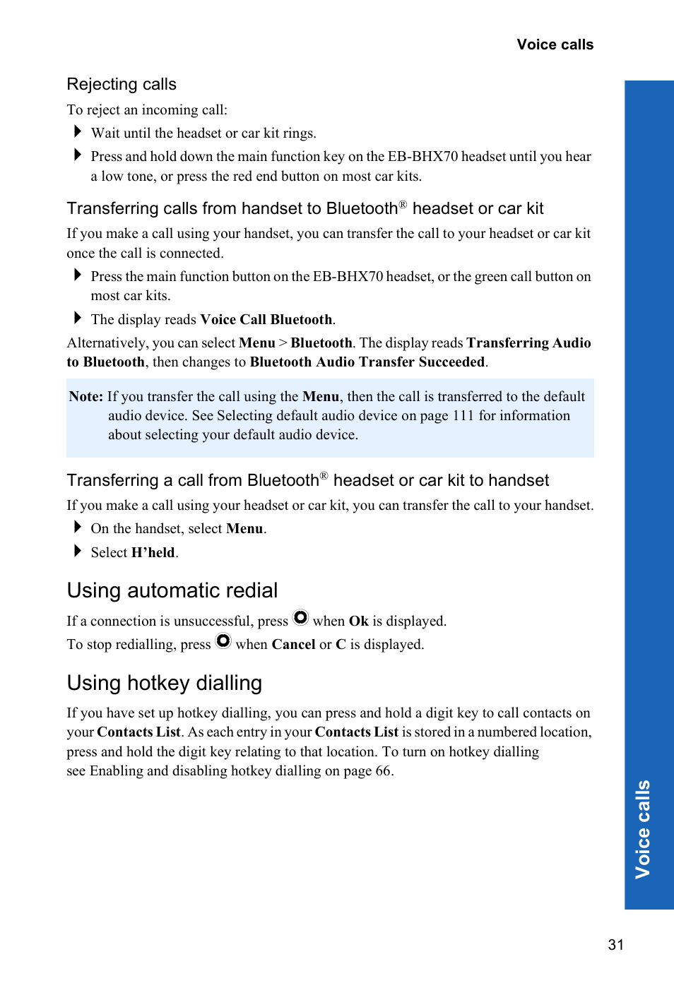 Rejecting calls, Using automatic redial, Using hotkey dialling | Voi ce call s | Panasonic P341i User Manual | Page 30 / 144