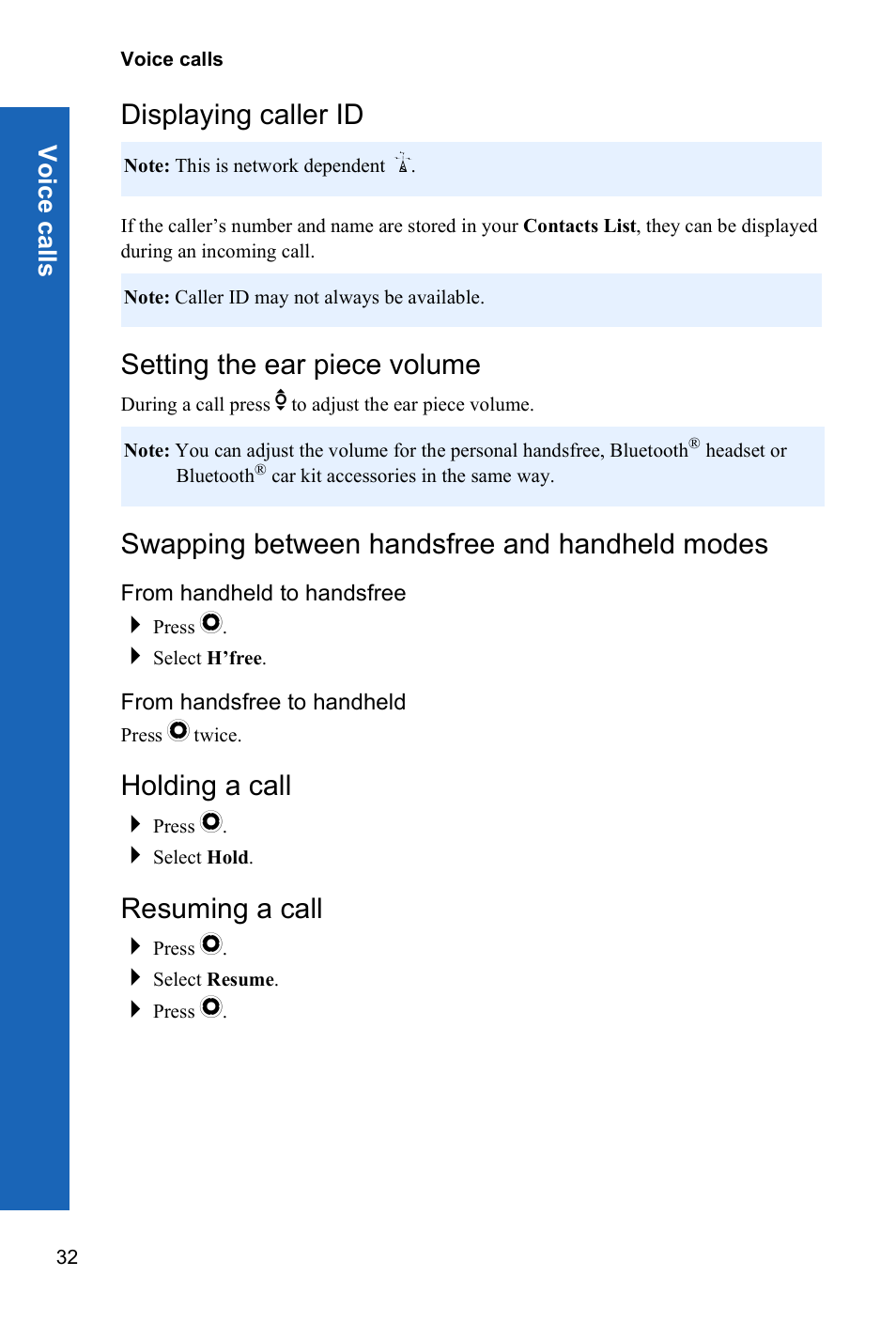 Displaying caller id, Setting the ear piece volume, Swapping between handsfree and handheld modes | From handheld to handsfree, From handsfree to handheld, Holding a call, Resuming a call | Panasonic P341i User Manual | Page 31 / 144