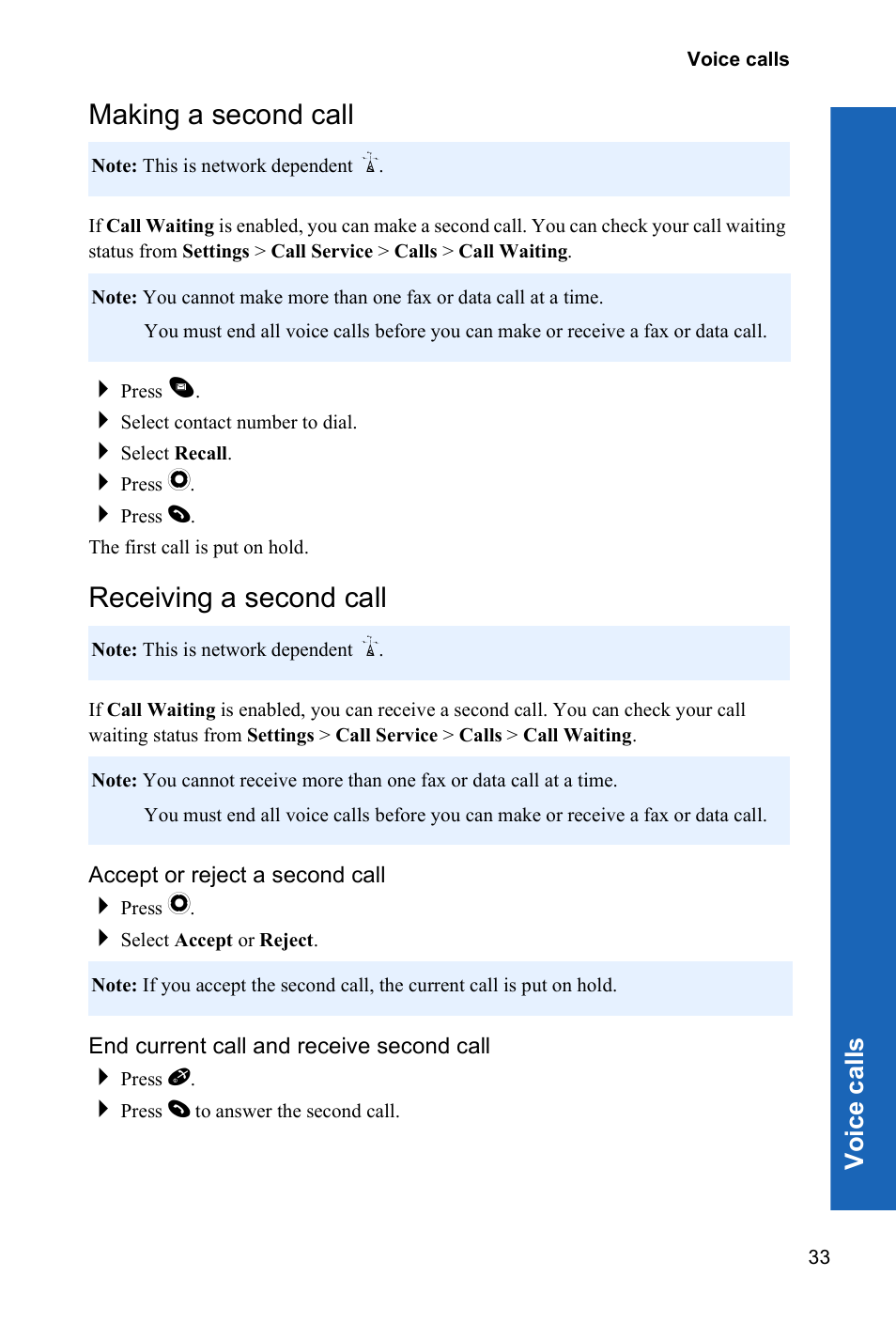 Making a second call, Receiving a second call, Accept or reject a second call | End current call and receive second call, Voi ce call s | Panasonic P341i User Manual | Page 32 / 144