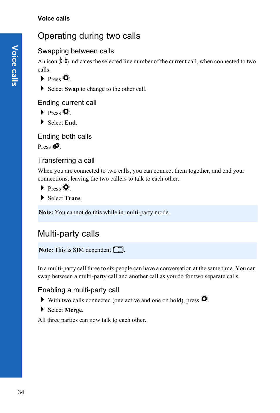 Operating during two calls, Swapping between calls, Ending current call | Ending both calls, Transferring a call, Multi-party calls, Enabling a multi-party call | Panasonic P341i User Manual | Page 33 / 144