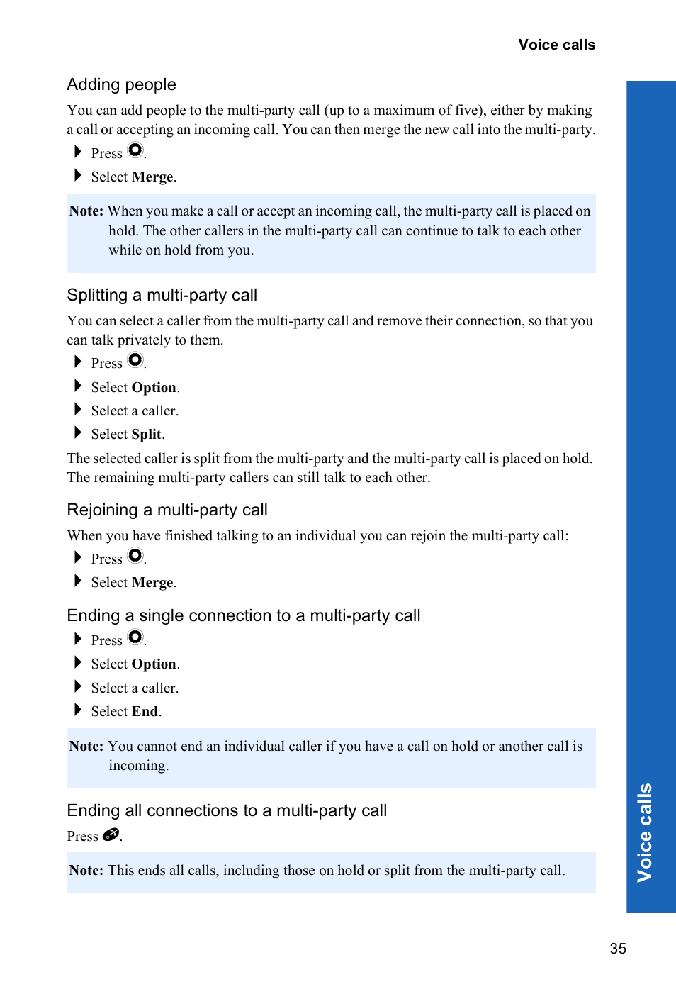 Adding people, Splitting a multi-party call, Rejoining a multi-party call | Ending a single connection to a multi-party call, Ending all connections to a multi-party call, Voi ce call s | Panasonic P341i User Manual | Page 34 / 144