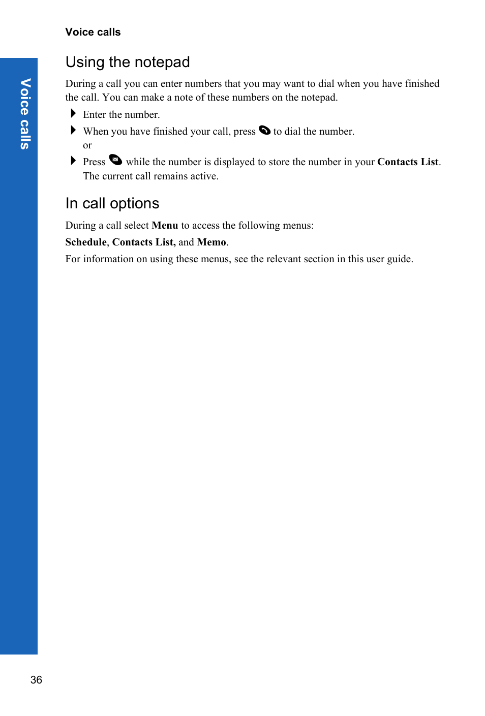 Using the notepad, In call options | Panasonic P341i User Manual | Page 35 / 144