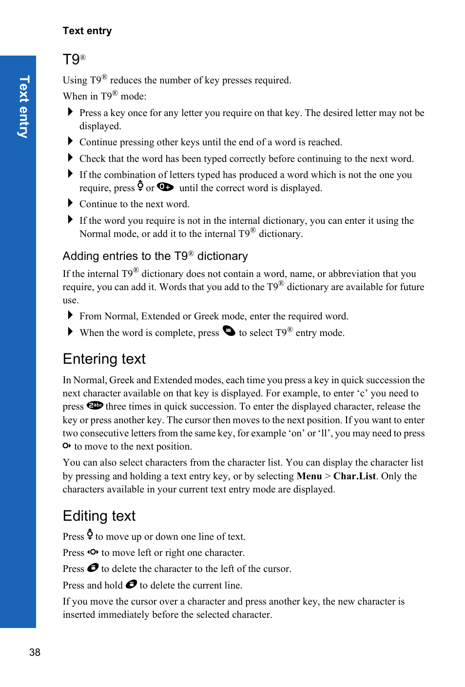 Adding entries to the t9® dictionary, Entering text, Editing text | Tex t en try | Panasonic P341i User Manual | Page 37 / 144