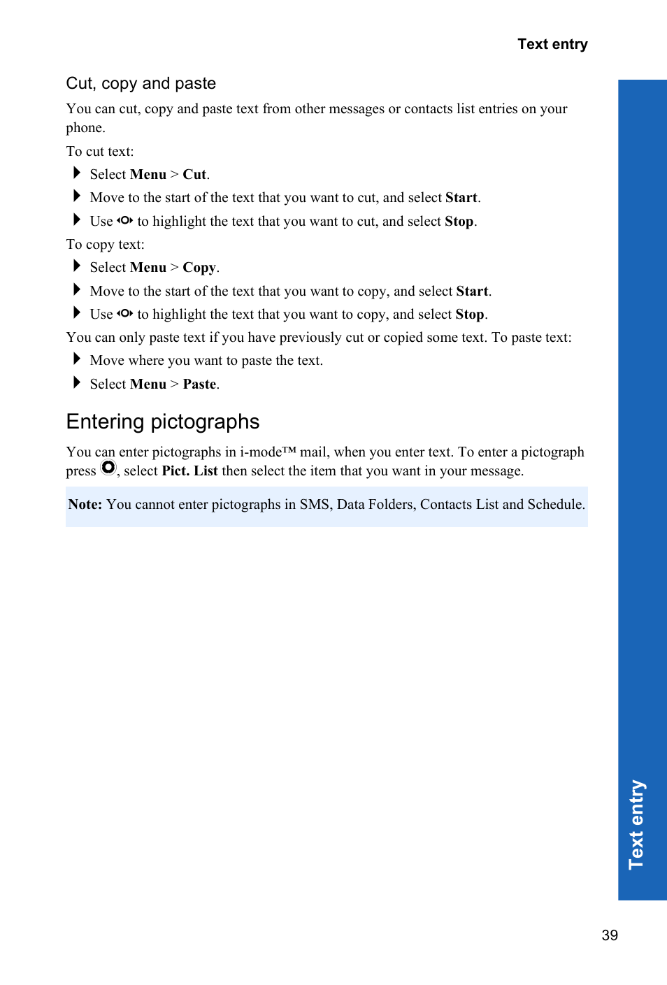 Cut, copy and paste, Entering pictographs | Panasonic P341i User Manual | Page 38 / 144