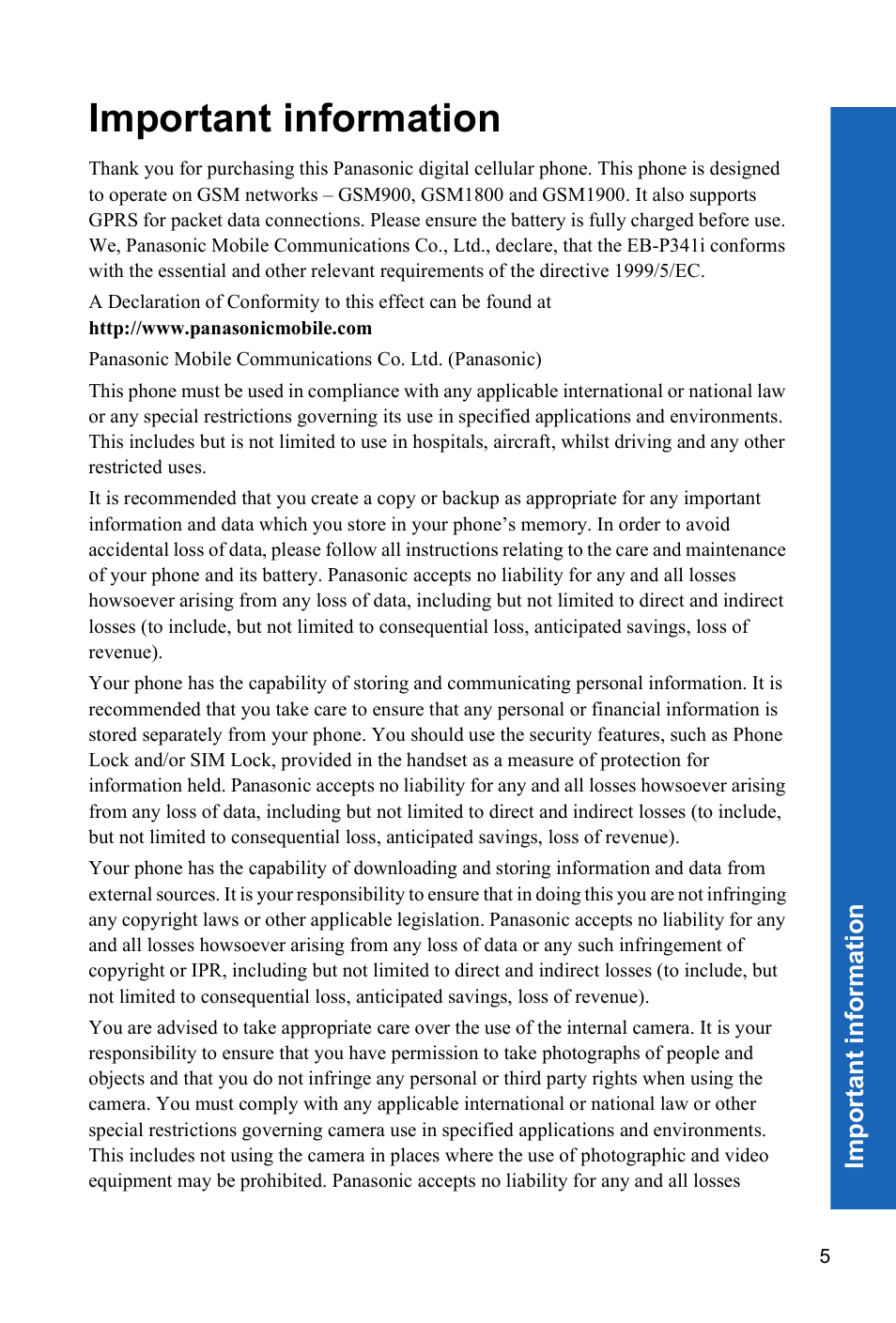 Important information, Mportant information | Panasonic P341i User Manual | Page 4 / 144