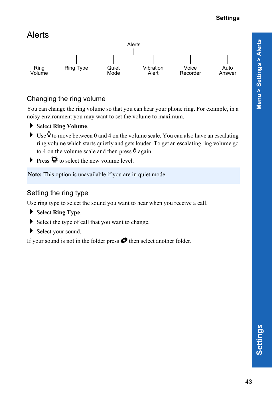 Alerts, Changing the ring volume, Setting the ring type | Se ttings | Panasonic P341i User Manual | Page 42 / 144