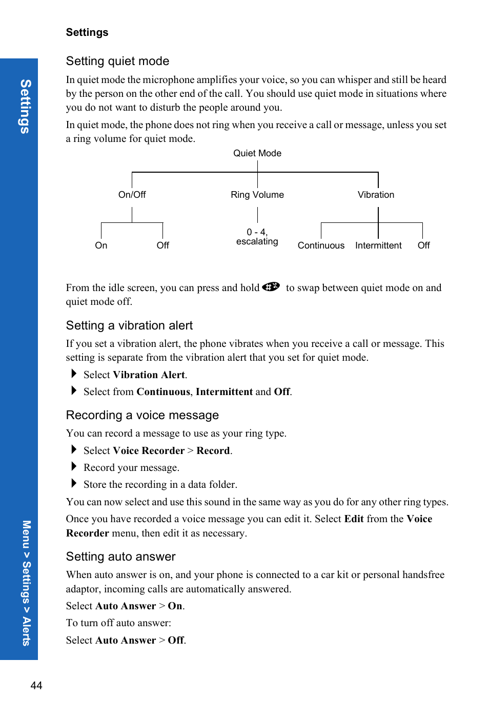 Setting quiet mode, Setting a vibration alert, Recording a voice message | Setting auto answer, Setti ngs | Panasonic P341i User Manual | Page 43 / 144