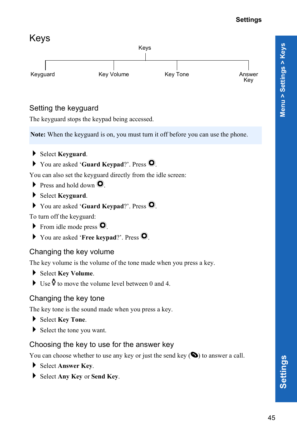 Keys, Setting the keyguard, Changing the key volume | Changing the key tone, Choosing the key to use for the answer key, Se ttings | Panasonic P341i User Manual | Page 44 / 144