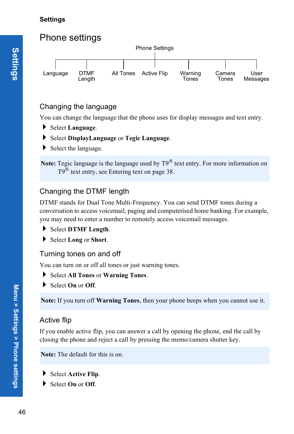 Phone settings, Changing the language, Changing the dtmf length | Turning tones on and off, Active flip, Setti ngs | Panasonic P341i User Manual | Page 45 / 144