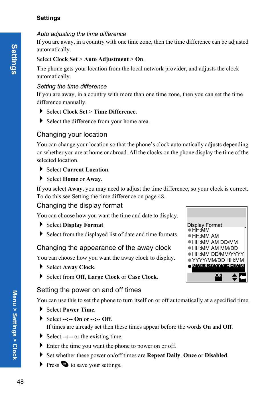Auto adjusting the time difference, Setting the time difference, Changing your location | Changing the appearance of the away clock, Setting the power on and off times, Setti ngs | Panasonic P341i User Manual | Page 47 / 144