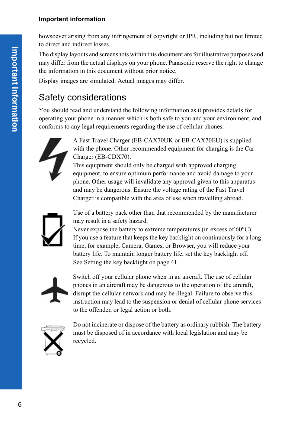 Safety considerations, Imp o rtant inform atio n | Panasonic P341i User Manual | Page 5 / 144