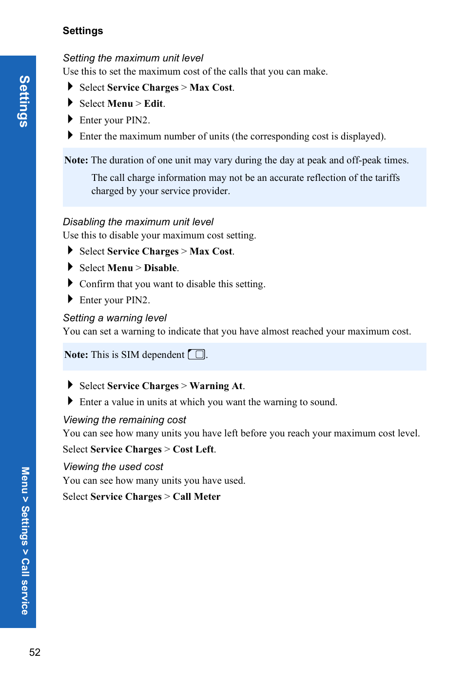 Setting the maximum unit level, Disabling the maximum unit level, Setting a warning level | Viewing the remaining cost, Viewing the used cost, Setti ngs | Panasonic P341i User Manual | Page 51 / 144