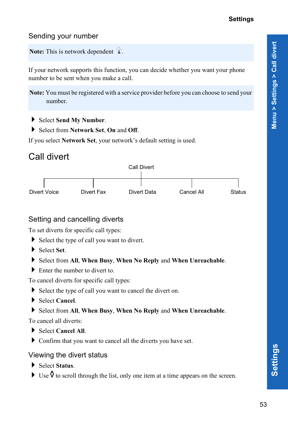 Sending your number, Call divert, Setting and cancelling diverts | Viewing the divert status, Se ttings | Panasonic P341i User Manual | Page 52 / 144