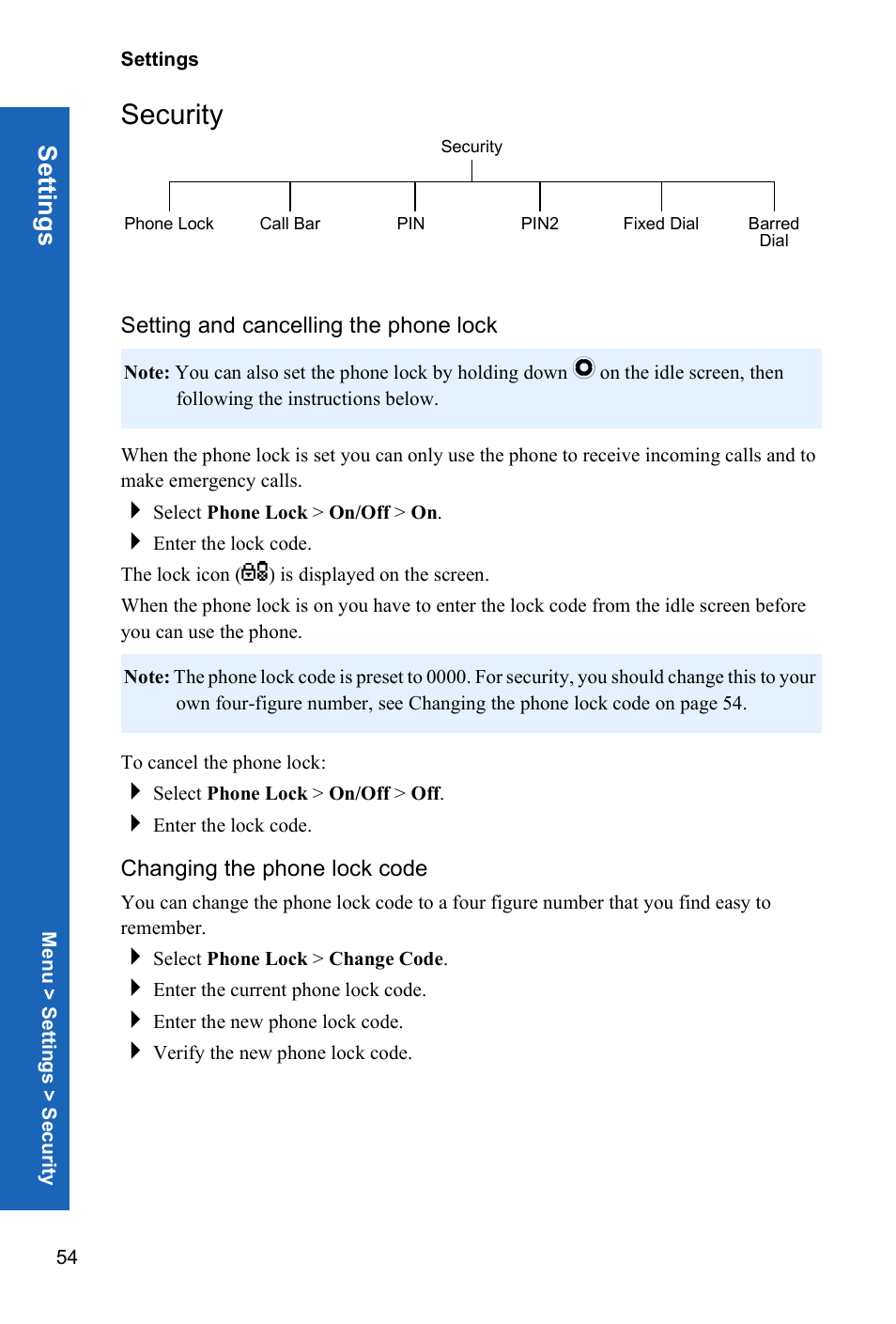 Security, Setting and cancelling the phone lock, Changing the phone lock code | Setti ngs | Panasonic P341i User Manual | Page 53 / 144