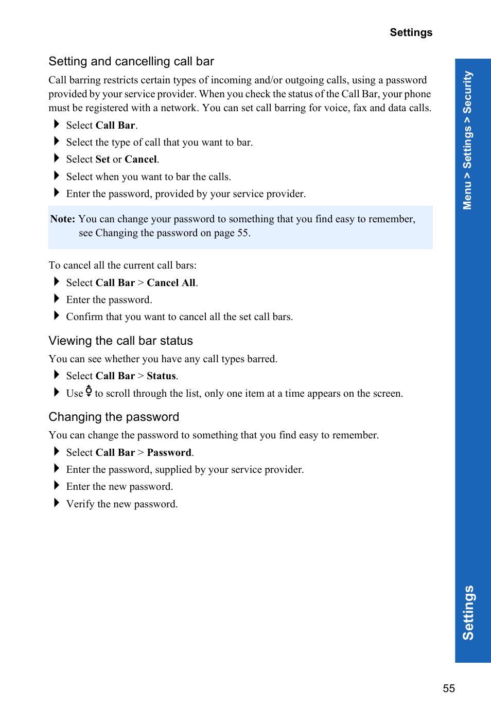 Setting and cancelling call bar, Viewing the call bar status, Changing the password | Se ttings | Panasonic P341i User Manual | Page 54 / 144