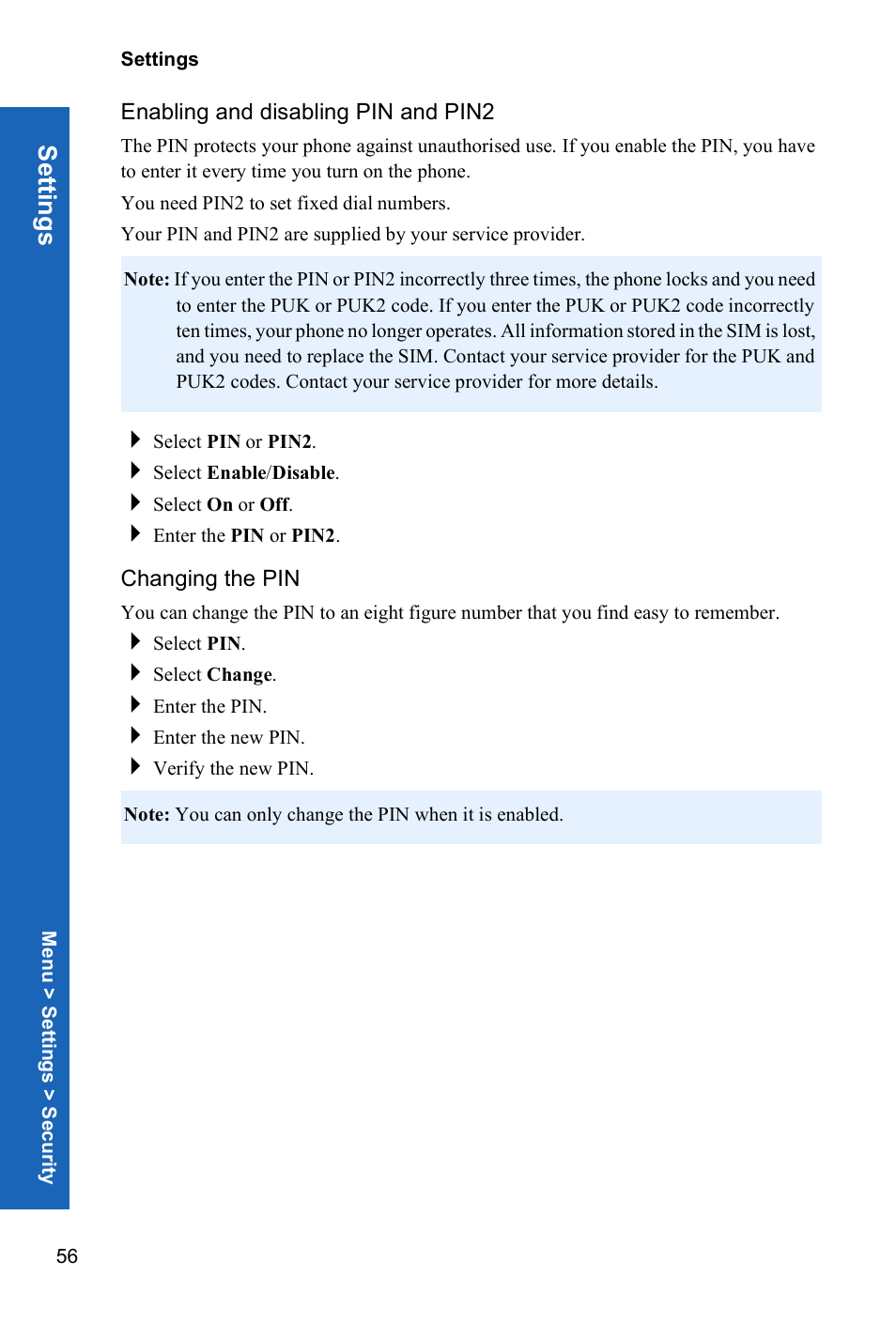 Enabling and disabling pin and pin2, Changing the pin, Setti ngs | Panasonic P341i User Manual | Page 55 / 144