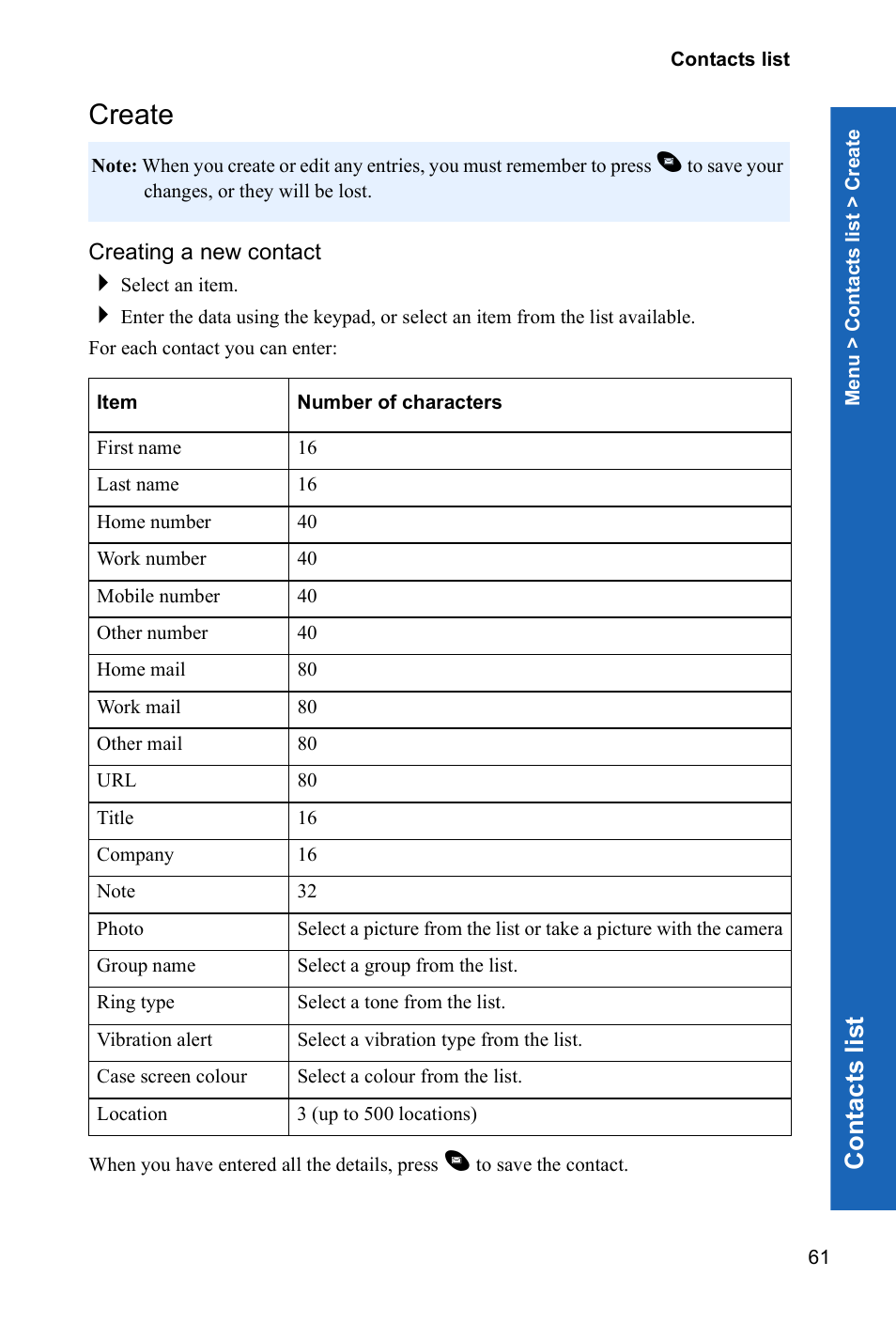 Create, Creating a new contact, Co n tacts lis t | Panasonic P341i User Manual | Page 60 / 144