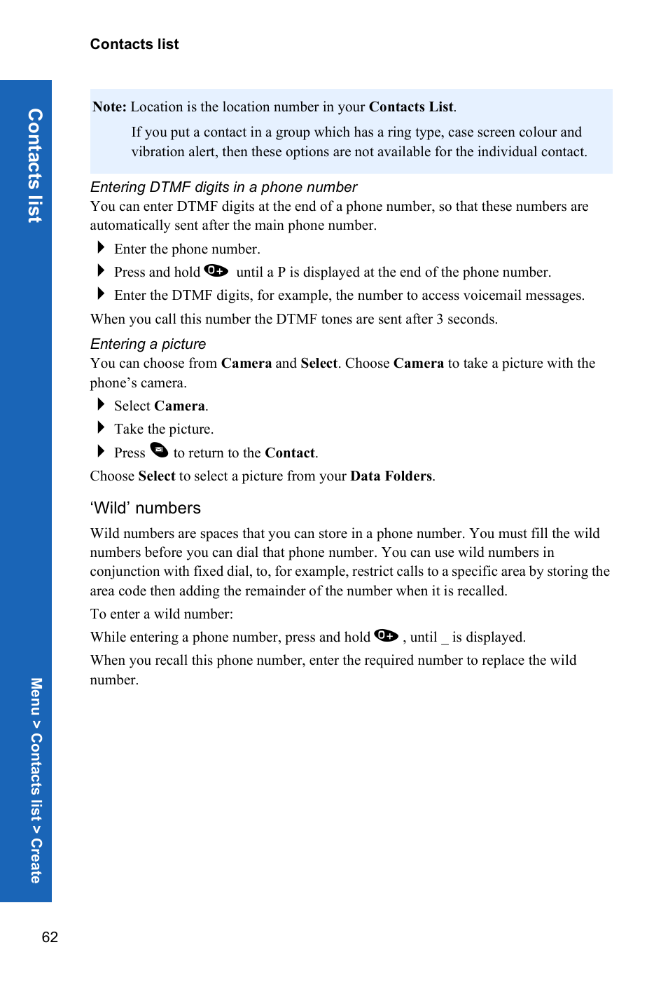 Entering dtmf digits in a phone number, Entering a picture, Wild’ numbers | Conta c ts list | Panasonic P341i User Manual | Page 61 / 144