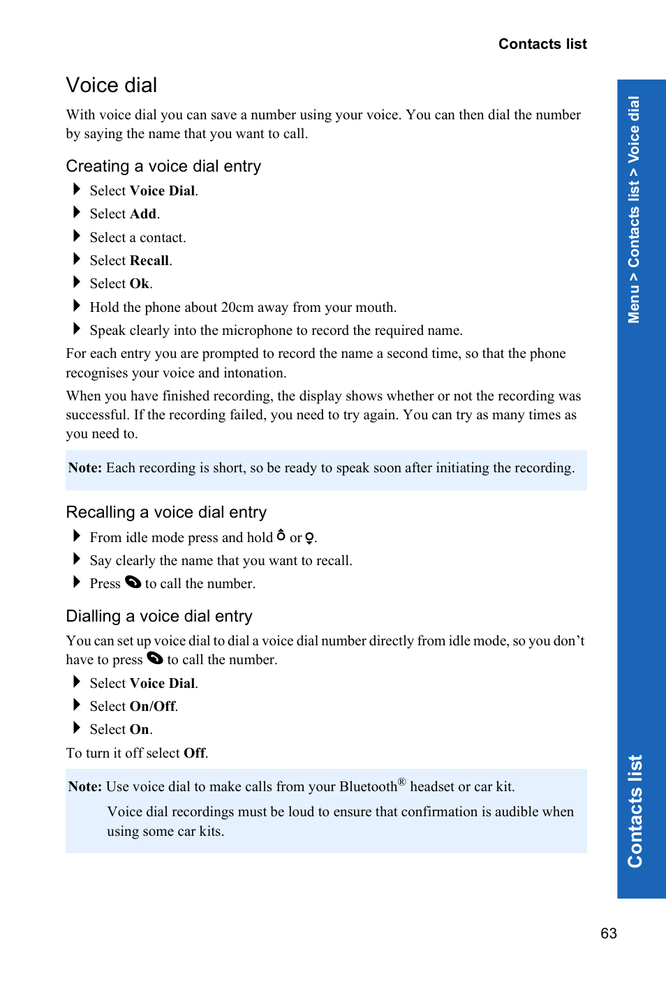 Voice dial, Creating a voice dial entry, Recalling a voice dial entry | Dialling a voice dial entry, Co n tacts lis t | Panasonic P341i User Manual | Page 62 / 144