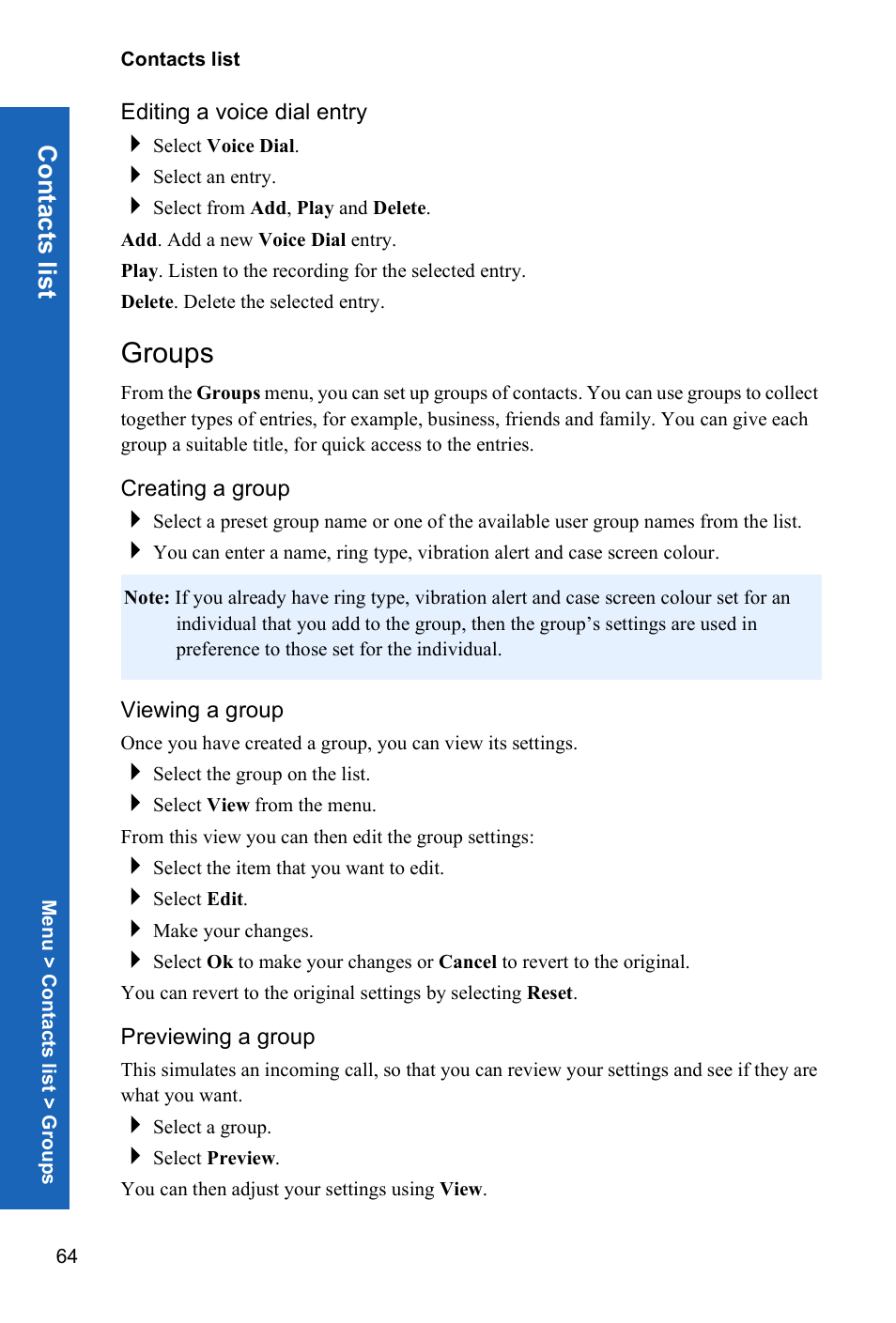 Editing a voice dial entry, Groups, Creating a group | Viewing a group, Previewing a group, Conta c ts list | Panasonic P341i User Manual | Page 63 / 144