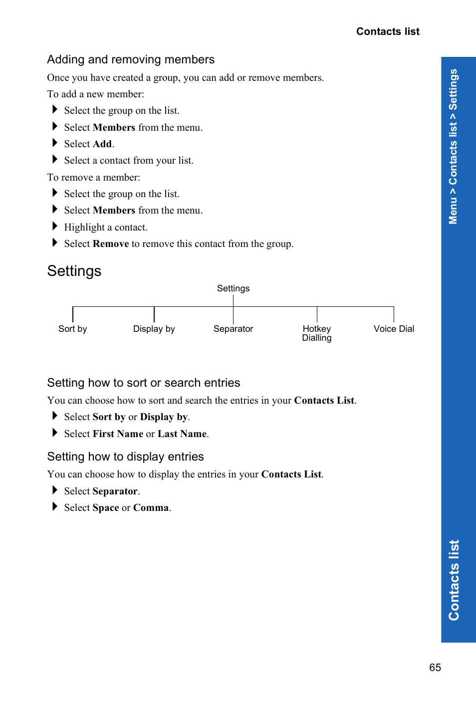 Adding and removing members, Settings, Setting how to sort or search entries | Setting how to display entries, Co n tacts lis t | Panasonic P341i User Manual | Page 64 / 144