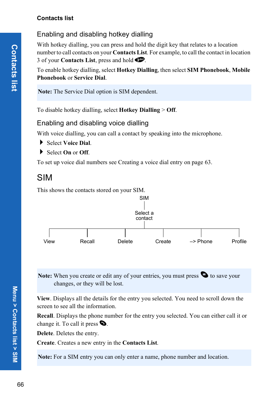 Enabling and disabling hotkey dialling, Enabling and disabling voice dialling, Conta c ts list | Panasonic P341i User Manual | Page 65 / 144