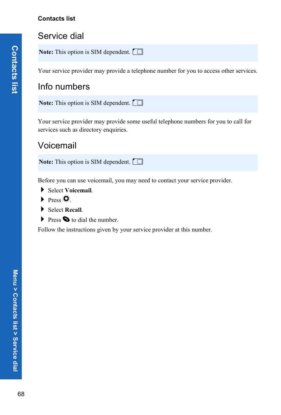 Service dial, Info numbers, Voicemail | Conta c ts list | Panasonic P341i User Manual | Page 67 / 144