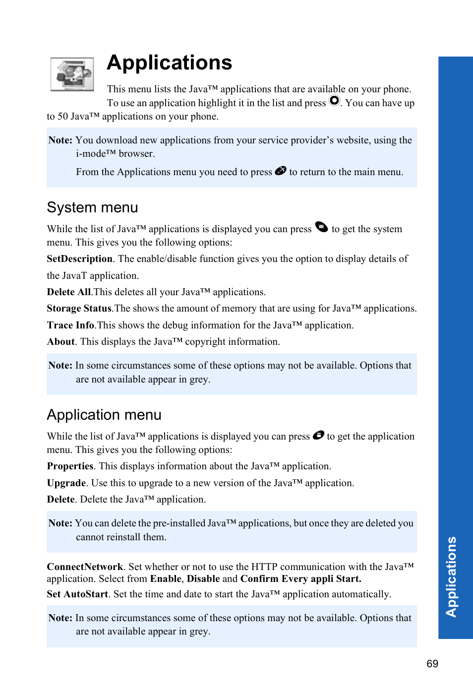 Applications, System menu, Application menu | App lica tions | Panasonic P341i User Manual | Page 68 / 144