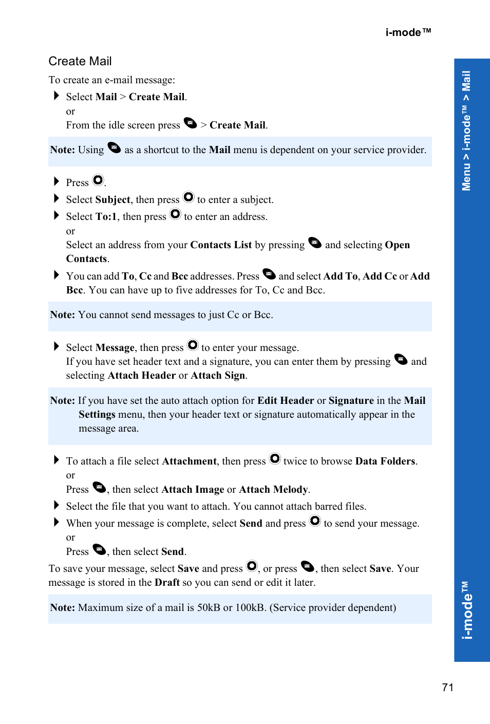 Create mail, I-m ode | Panasonic P341i User Manual | Page 70 / 144