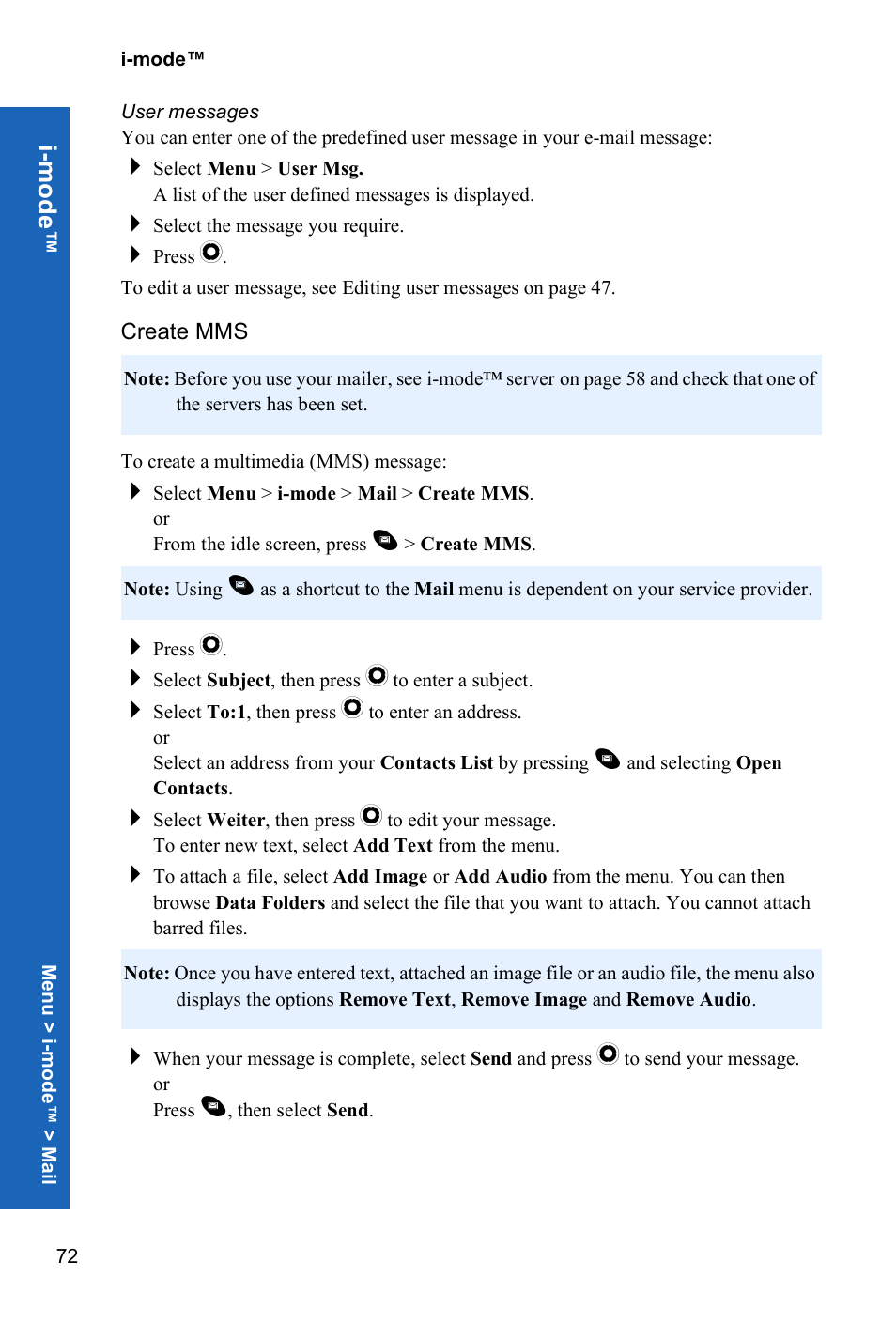 User messages, Create mms, I-m ode | Panasonic P341i User Manual | Page 71 / 144