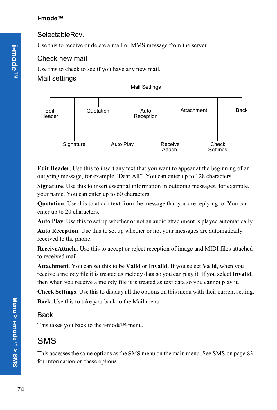 Selectablercv, Check new mail, Back | I-m ode | Panasonic P341i User Manual | Page 73 / 144