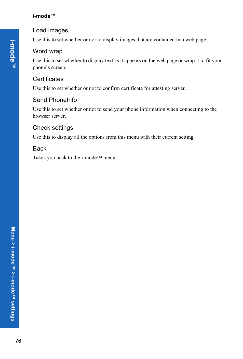 Load images, Word wrap, Certificates | Send phoneinfo, Check settings, Back, I-m ode | Panasonic P341i User Manual | Page 75 / 144