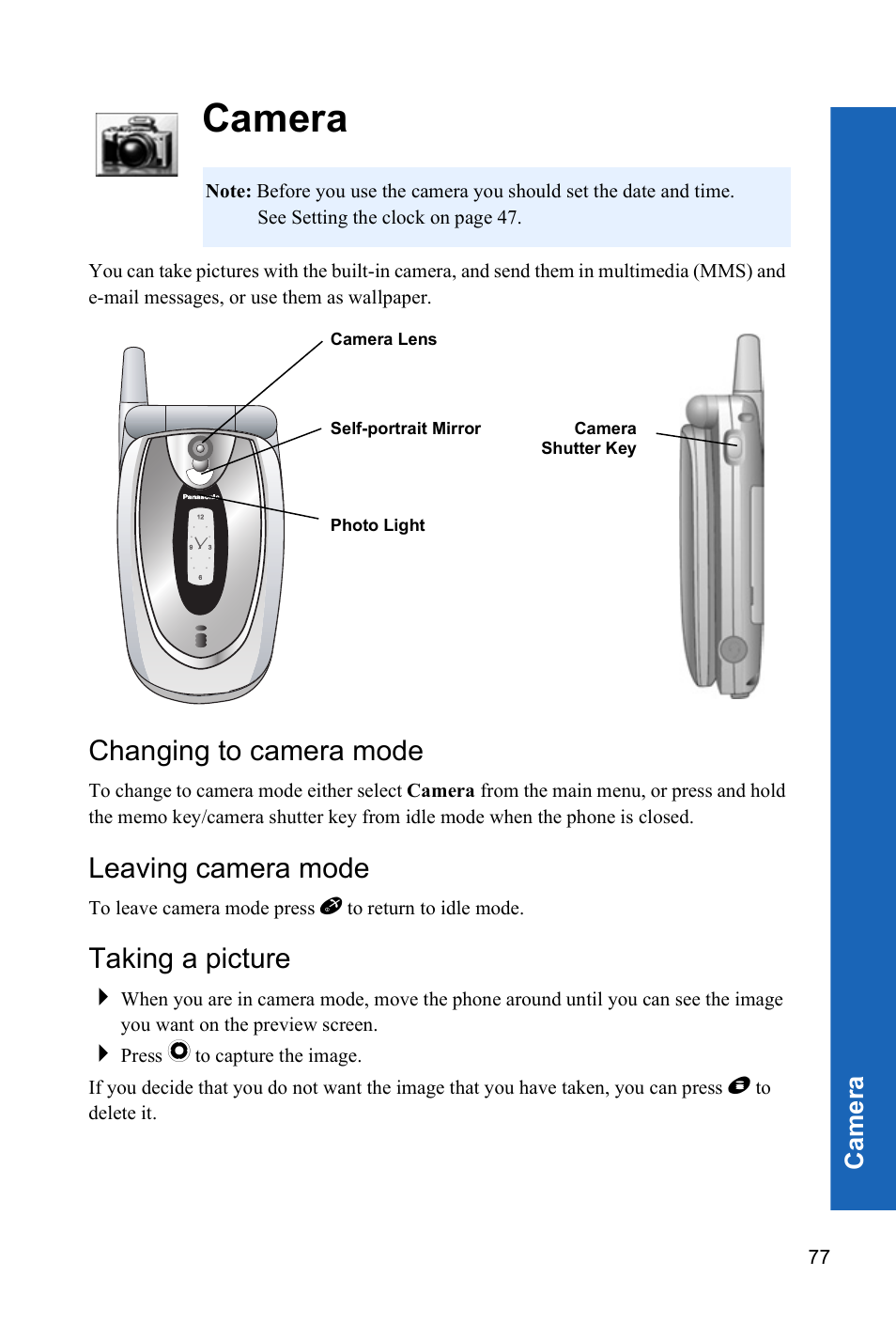 Camera, Changing to camera mode, Leaving camera mode | Taking a picture, Ca m e ra | Panasonic P341i User Manual | Page 76 / 144