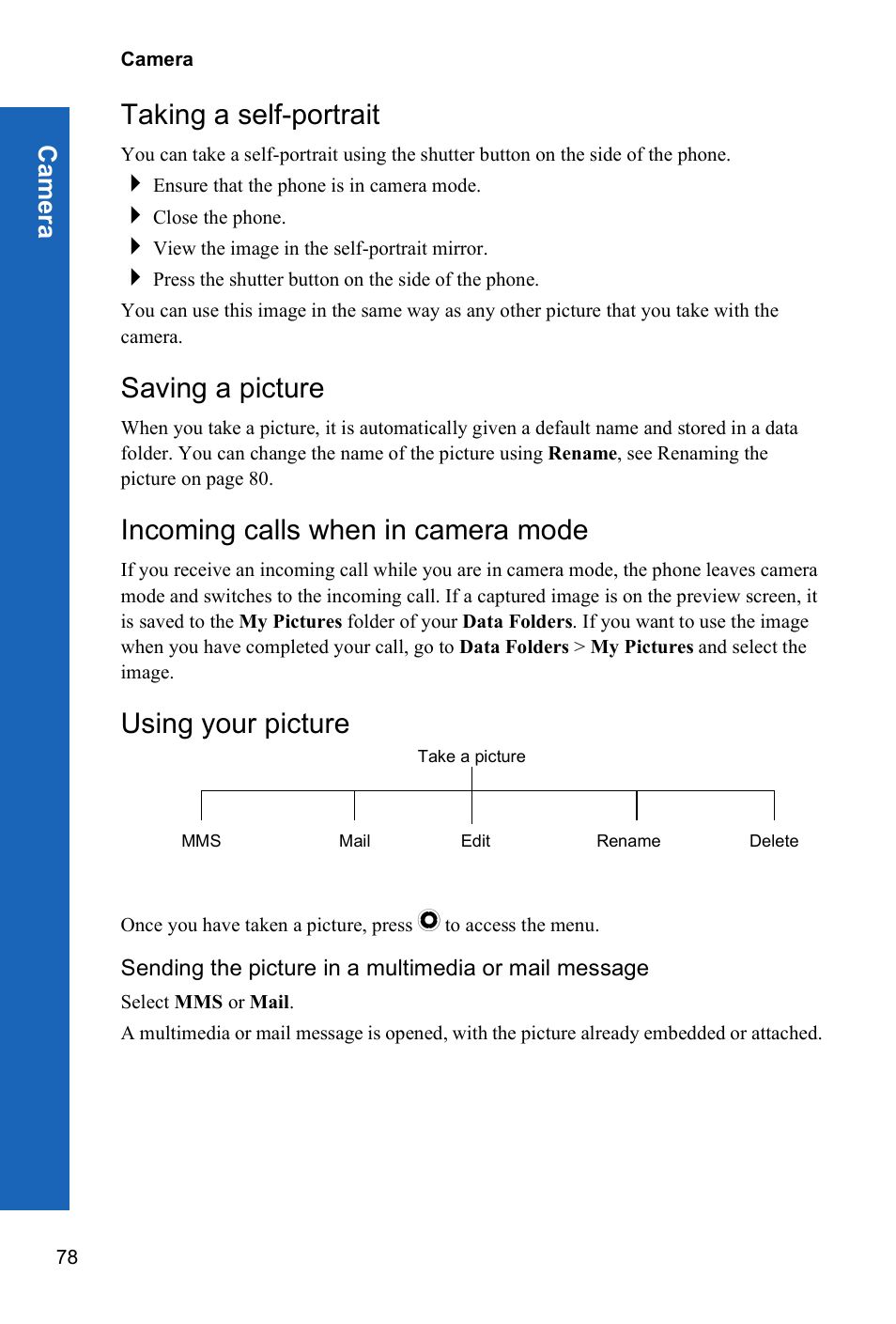 Taking a self-portrait, Saving a picture, Incoming calls when in camera mode | Using your picture, Ca m e ra | Panasonic P341i User Manual | Page 77 / 144